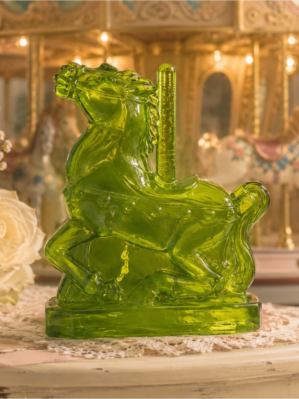 Vintage Apple Green Glass Carousel Horse Figurine Paperweight